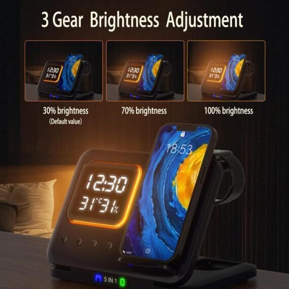 Cargador Inalambrico 15W Stand 5 In1 LED Digital Alarm Clock Fast Charging Dock Station - Image 7