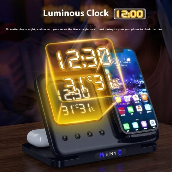 Cargador Inalambrico 15W Stand 5 In1 LED Digital Alarm Clock Fast Charging Dock Station - Image 2
