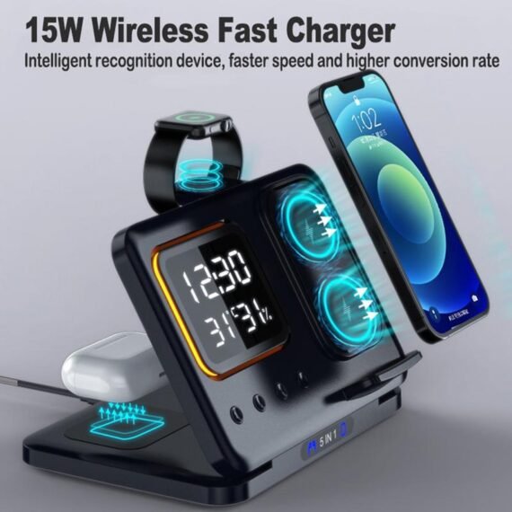 Cargador Inalambrico 15W Stand 5 In1 LED Digital Alarm Clock Fast Charging Dock Station