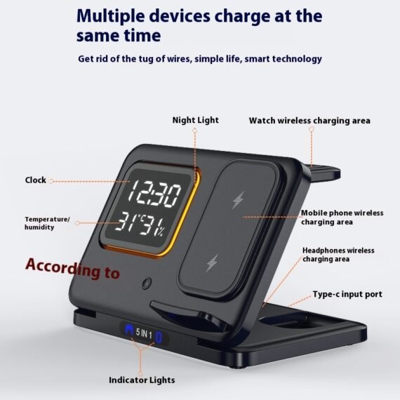 Cargador Inalambrico 15W Stand 5 In1 LED Digital Alarm Clock Fast Charging Dock Station - Image 5