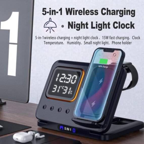 Cargador Inalambrico 15W Stand 5 In1 LED Digital Alarm Clock Fast Charging Dock Station - Image 6
